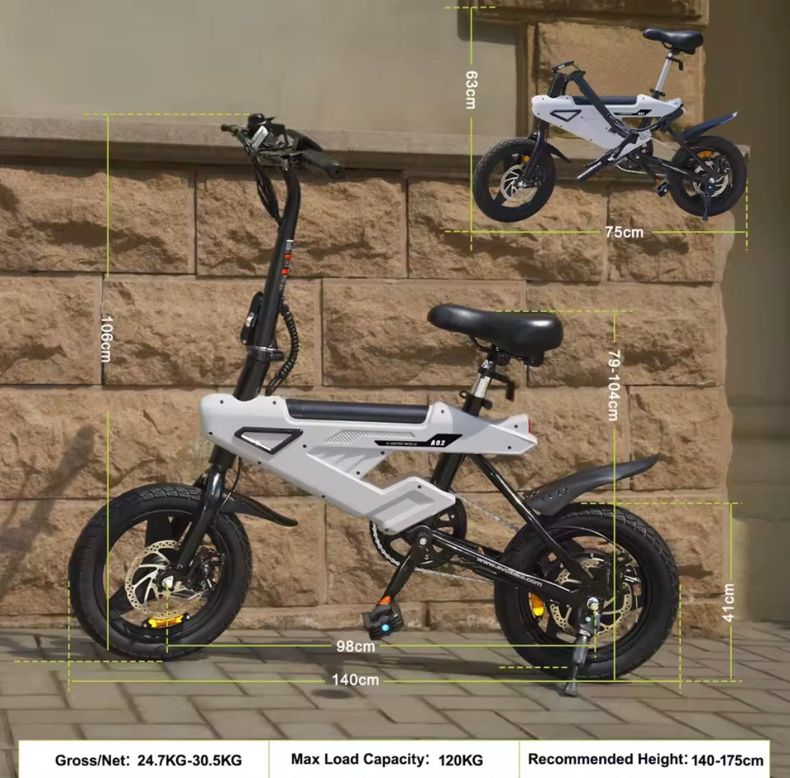 Bicicletta elettrica E-bike Dimensioni ruota da 14 pollici con batteria 36 V 6,4 Ah, display LCD digitale, motore E-Bike da 250 W e 25 km/h,