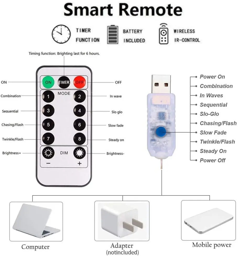 Tenda LED Luci di corda Fata Decorazione di Natale con telecomando 8Mode Lampada a ghirlanda di nozze 3M per camera da letto Casa Vacanze